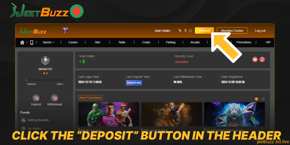 Click the “Deposit” button in the header on the Jeetbuzz website