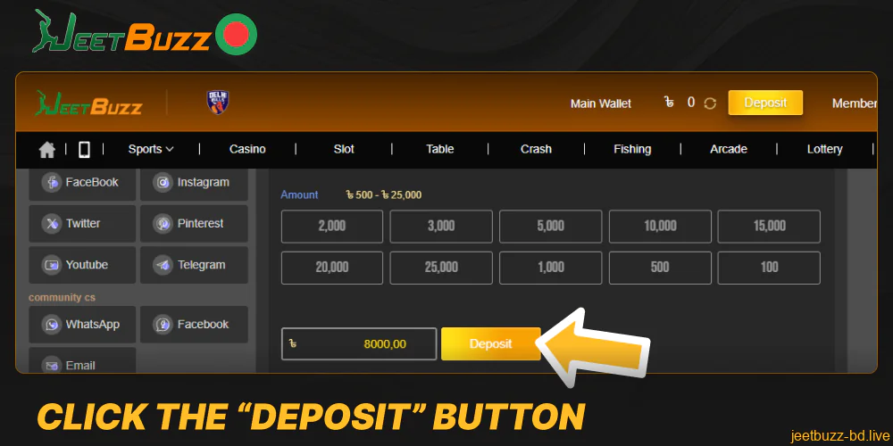 Click the “Deposit” button on Jeetbuzz