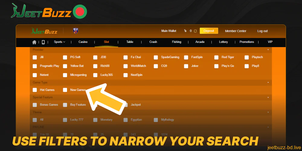 Use filters to narrow down your search on Jeetbuzz