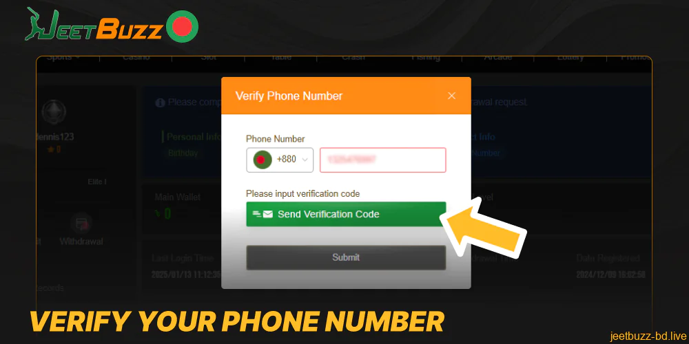 Verify your phone number on Jeetbuzz