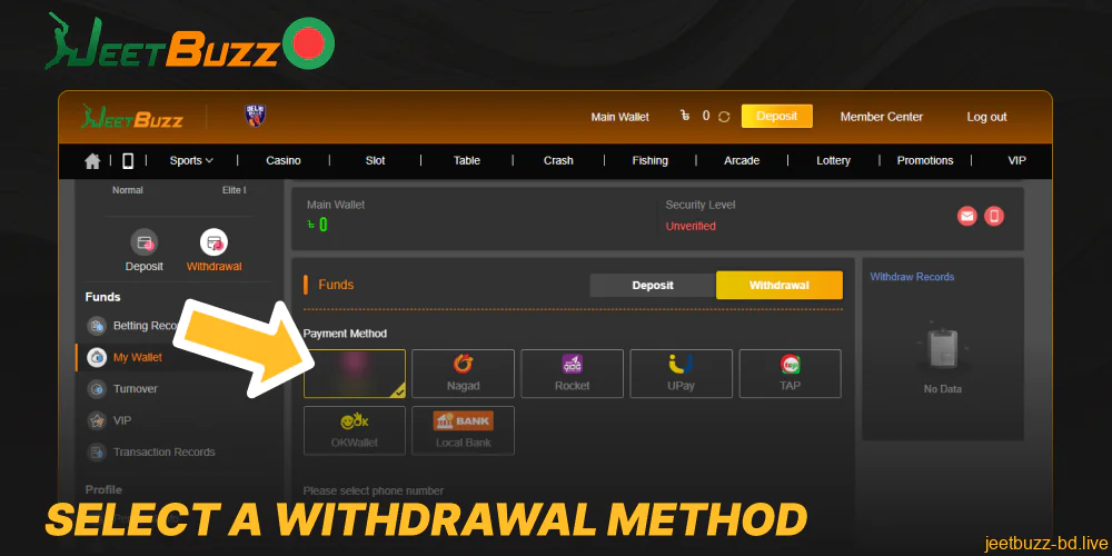 Select a withdrawal method on Jeetbuzz
