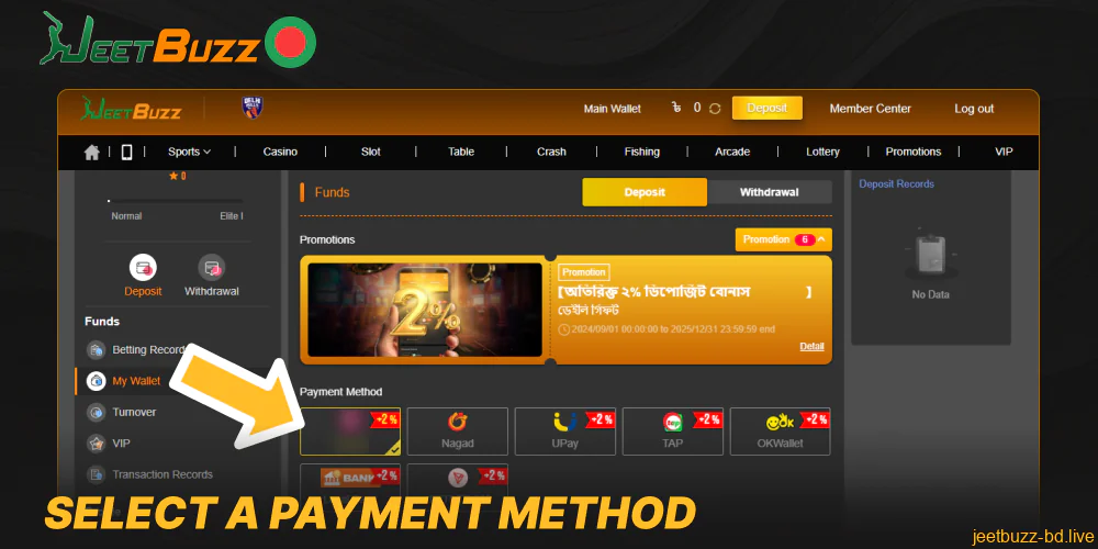 Select a payment method on Jeetbuzz