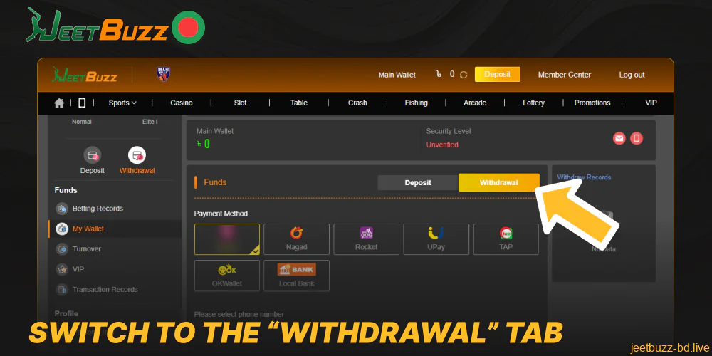Switch to the “Withdrawal” tab on Jeetbuzz